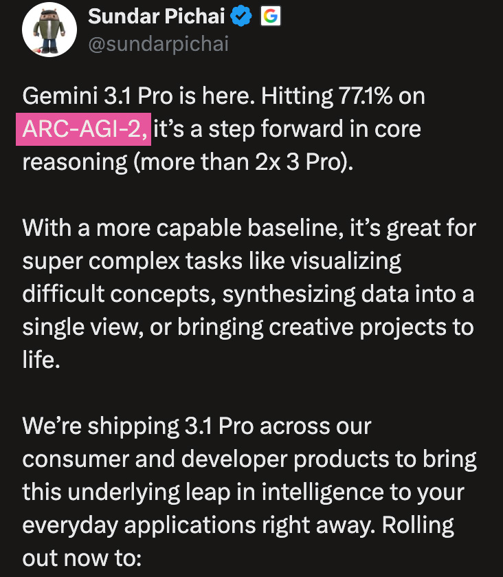 Screenshot of a tweet from Sundar Pichai about ARC Prize